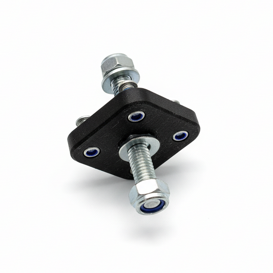 PowerVector 6mm bulkhead battery terminal, black, angled view of the pass-through stud with nylock nuts