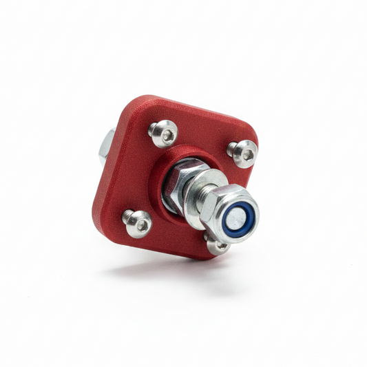 PowerVector 8mm bulkhead battery terminal, red, front view with stainless stud and nylock nut
