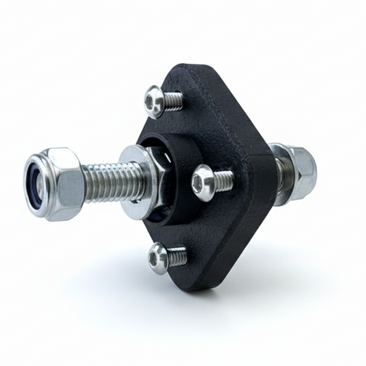 PowerVector 10mm bulkhead battery terminal, black, side view of the pass-through stud with nylock nuts